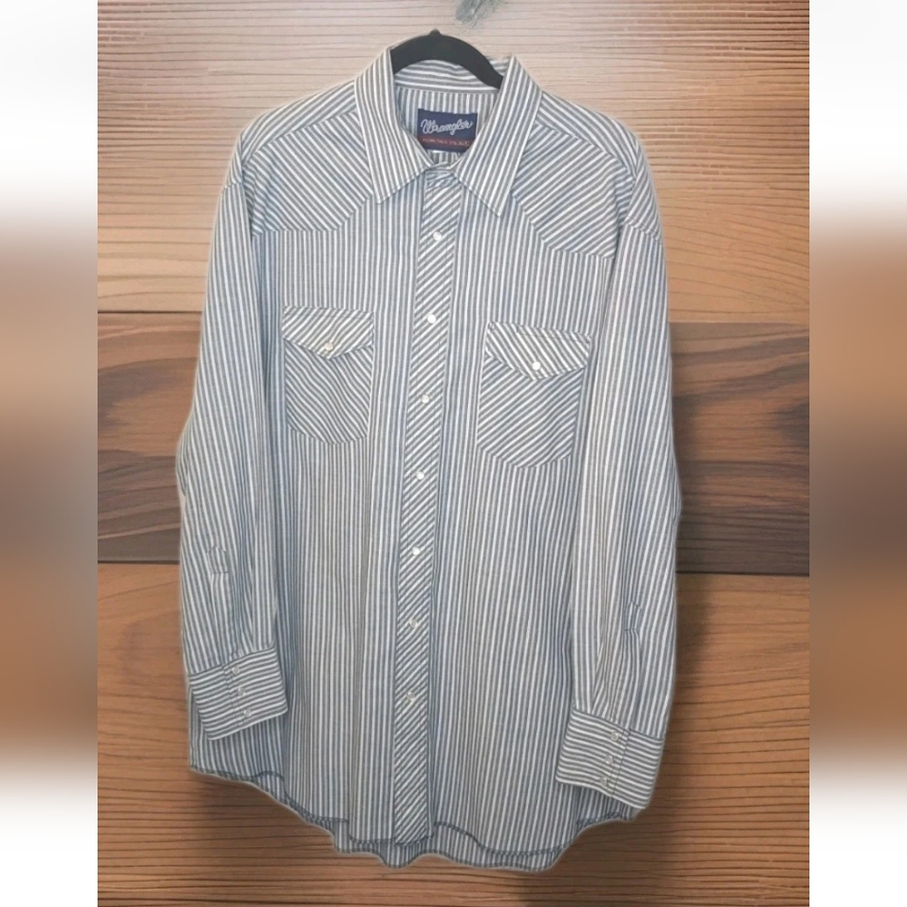 VTG Wrangler Pearl Snap Shirt Men XL Tall Blue Gray Hickory Striped Biker Cowboy